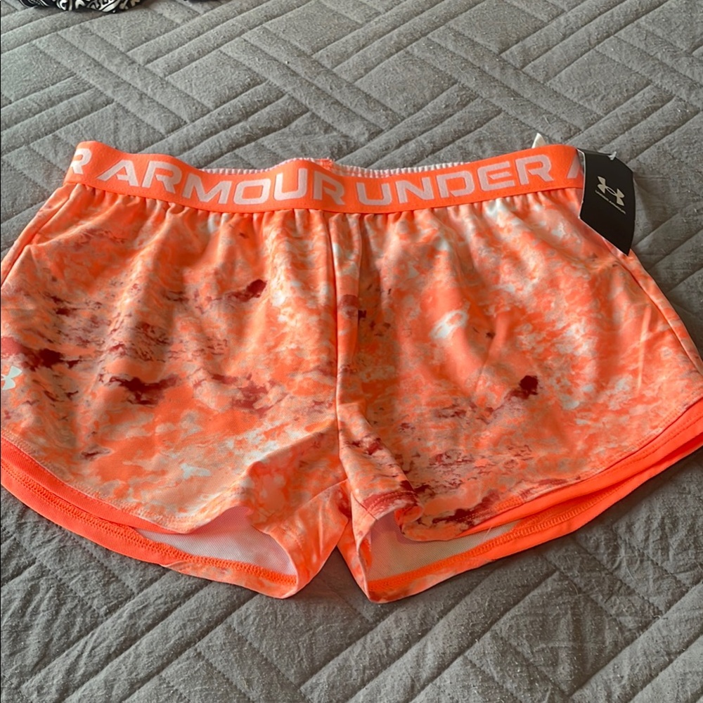 Under Armour youth girls play up shorts 2.0 print loose fit shorts orange/red
